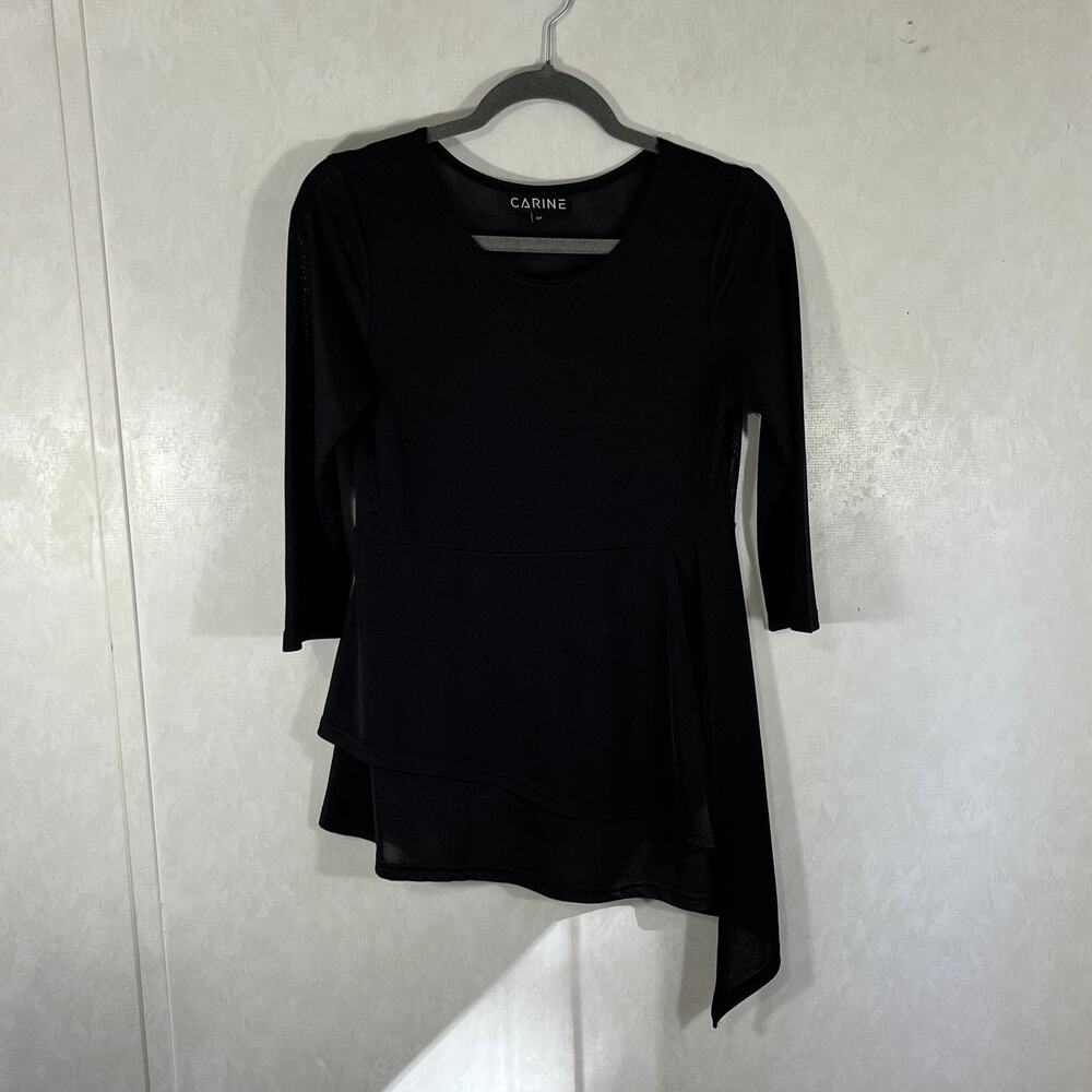 Carine Black Asymmetrical Hem Slip Over Tunic Top 3/4 Sleeve Size Small